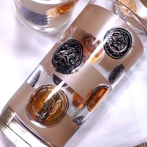 Set of 6 Vintage Mid-Century Modern Drink Glasses with Gold Rim & Greek/Roman Co